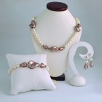Cultured Pearl and Mauve Murano Glass Bead Necklace, Bracelet & Earrings