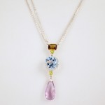14k White Gold Smokey Quartz, Blue Topaz, Briolette Pink Amethyst, with two small Peridots and Diamonds