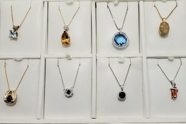 Necklaces pendants chains in gold silver platinum are featured at Jewel Box Jewelers . Largest collection in Zionsville